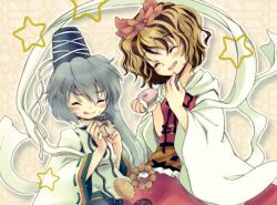  2girls angel_french animal_print bad_id bad_pixiv_id biyon blonde_hair blush brown_hair closed_eyes doughnut eating food french_cruller grey_hair hair_ornament hat japanese_clothes kariginu licking_lips mononobe_no_futo multicolored_hair multiple_girls oerba_yun_fang open_mouth photoshop_(medium) pon_de_ring ponytail shawl shirt skirt smile star_(symbol) tiger_print tongue tongue_out toramaru_shou touhou two-tone_hair 