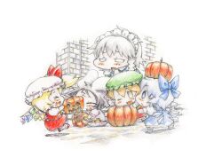  5girls baku_taso chen chibi cirno commentary_request flandre_scarlet halloween inaba_tewi izayoi_sakuya multiple_girls pumpkin touhou traditional_media 