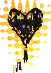  &gt;_&lt; ... 3girls 6+boys ansem_the_wise axel_(kingdom_hearts) beard black_coat_(kingdom_hearts) black_hair blonde_hair blue_eyes blue_hair brown_hair cloak closed_eyes commentary_request dark_skin demyx earrings eyepatch facial_hair facial_mark gloves green_eyes grey_hair highres jewelry kingdom_hearts kingdom_hearts_358/2_days larxene lexaeus long_hair luxord marluxia multiple_boys multiple_girls namine organization_xiii pink_hair ponytail red_hair roxas saix scar scarf short_hair tenkatsukyu vexen xaldin xemnas xigbar xion_(kingdom_hearts) yellow_eyes zexion 