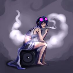  bad_deviantart_id bad_id bare_shoulders barefoot blue_hair cigarette eyewear_on_head female headphones highres lips musical_note musical_note_tattoo my_little_pony my_little_pony:_friendship_is_magic ninjaham personification red_eyes short_hair sitting smoke smoking solo speaker sunglasses tattoo vinyl_scratch 