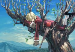  1boy blonde_hair claws commentary_request fangs male_focus nata_(tool) oversized_limbs rebasashi solo tengen_toppa_gurren_lagann tree viral_(ttgl) 