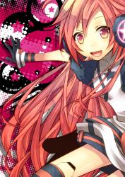  android bad_id bad_pixiv_id belt cuffs doll_joints dress female gloves headset joints long_hair multicolored_eyes open_mouth red_hair sf-a2_miki shiomizu_(swat) smile solo star_(symbol) striped_clothes striped_thighhighs thighhighs vocaloid 