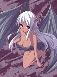  breasts cleavage commentary_request dark-skinned_female dark_skin demon_girl demon_wings female horns large_breasts long_hair original pointy_ears red_eyes saiste smile solo white_hair wings 