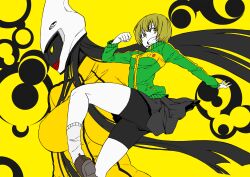  bad_id bad_pixiv_id bike_shorts black_hair black_skin bodysuit brown_eyes brown_hair bruce_lee&#039;s_jumpsuit colored_skin female green_shirt grin helmet highres iro_marimo kung_fu lips long_hair long_sleeves pale_skin persona persona_4 photoshop_(medium) profile satonaka_chie shirt short_hair skirt smile socks sweater teeth tomoe_(persona_4) white_legwear yellow_bodysuit yellow_eyes 