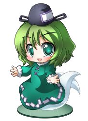  bad_id bad_pixiv_id chibi dress faux_figurine female ghost_tail green_dress green_eyes green_hair hat looking_at_viewer open_mouth shinjitsu short_hair simple_background smile soga_no_tojiko solo tate_eboshi touhou white_background 