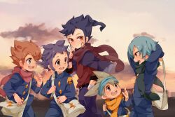  5boys bag blue_eyes blue_hair brown_hair commentary_request gakuran green_hair inazuma_eleven_(series) inazuma_eleven_go kageyama_hikaru kariya_masaki male_focus matsukaze_tenma multiple_boys nishizono_shinsuke open_mouth scarf school_uniform smile tsurugi_kyousuke u35 walking yellow_eyes 