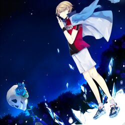  1boy atobe_keigo bad_id bad_pixiv_id blonde_hair blue_flower blue_rose commentary_request dutch_angle flower ice male_focus nozomu144 racket rose shorts skull solo tennis_no_ouji-sama tennis_racket uniform white_shorts 