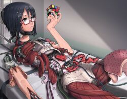  android bad_id bad_pixiv_id black_hair couch female glasses grey_eyes joints mechanical_parts original photoshop_(medium) robot_joints rubik&#039;s_cube solo sukabu 