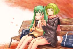  2girls autumn_leaves bag bench blush can commentary_request eyewear_on_head glasses green_eyes green_hair gumi hair_ribbon hatsune_miku kokotetsu long_hair multiple_girls open_mouth ribbon scarf school_uniform sitting skirt skirt_set smile twintails vocaloid 