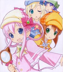  4girls :&lt; :q blonde_hair blue_eyes blue_hair blush_stickers bow bowtie brown_hair cordelia_glauca frills green_eyes hair_rings hat hercule_barton long_hair looking_at_viewer magnifying_glass marker_(medium) multiple_girls one_eye_closed photoshop_(medium) pink_bow pink_hair sherlock_shellingford shirohebidou simple_background tantei_opera_milky_holmes tongue tongue_out traditional_media yuzurizaki_nero 