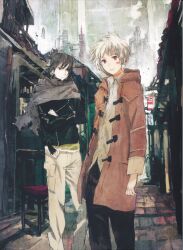  2boys absurdres albino building city coat crossed_arms facial_mark grey_eyes highres jacket male male_focus multiple_boys nezumi_(no.6) no.6 official_art red_eyes road scarf shion_(no.6) shirt short_hair short_ponytail sion_(no.6) street toi8 white_hair 