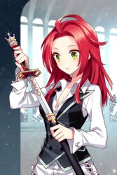  breasts cleavage dress_shirt female green_eyes jaina_preventer long_hair long_sleeves lowres nardack photoshop_(medium) red_hair sheath shirt small_breasts solo sword sword_girls unsheathing vest weapon 