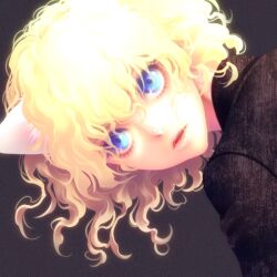  1other androgynous animal_ears blonde_hair blue_eyes cat_ears commentary_request curly_hair hunter_x_hunter kayu lips looking_at_viewer neferpitou oerba_yun_fang other_focus portrait solo 