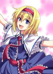  :d alice_margatroid blue_eyes commentary_request female frills hairband looking_at_viewer open_mouth outstretched_arms photoshop_(medium) rimibure short_hair smile solo spread_arms touhou 