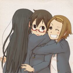  3girls akiyama_mio bad_id bad_pixiv_id black_hair bonjin brown_eyes brown_hair glasses hug k-on! long_hair manabe_nodoka multiple_girls one_eye_closed red-framed_eyewear sakuragaoka_high_school_uniform school_uniform semi-rimless_eyewear short_hair tainaka_ritsu under-rim_eyewear 