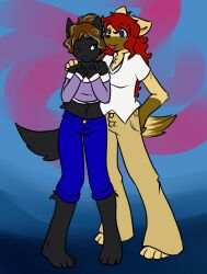  anthro big_breasts black_body black_fur breasts brown_hair canid canine canis domestic_dog duo female fur hair hindpaw hyena kejah long_hair mammal mastiff mewgswolfie molosser paws red_hair shar_pei sherri_mayim simple_background tongue 