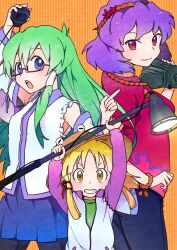  3girls adapted_costume alternate_costume arm_up arms_up bad_id bad_pixiv_id bespectacled blonde_hair blue_eyes camcorder commentary_request detached_sleeves glasses green_hair grin hair_ornament hair_ribbon hat jacket kochiya_sanae long_hair looking_at_viewer moriya_suwako multiple_girls nanonin open_mouth pantyhose purple_hair red-framed_eyewear red_eyes ribbon short_hair simple_background skirt smile stopwatch touhou video_camera watch yasaka_kanako yellow_eyes 