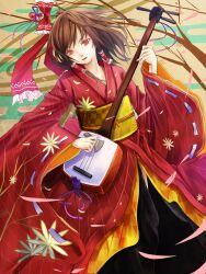  alternate_costume bachi bad_id bad_pixiv_id brown_hair female hair_ornament hair_stick hair_tubes hakurei_reimu highres instrument japanese_clothes kimono obi plectrum red_eyes red_kimono reio_reio sash shamisen solo touhou 