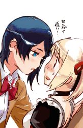  2girls aida_yuu black_hair blazer blonde_hair blue_eyes blue_hair blush commentary_request eye_contact freckles hair_ornament hairclip idolmaster idolmaster_dearly_stars jacket looking_at_another mizutani_eri multiple_girls open_mouth photoshop_(medium) red_eyes school_uniform short_hair suzuki_ayane sweatdrop twintails yuri 