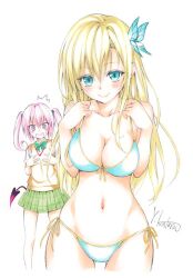  2girls ^^^ aqua_bikini aqua_eyes artist_name bikini blonde_hair blue_bikini blush boku_wa_tomodachi_ga_sukunai breast_envy breasts butterfly_hair_ornament cleavage crossover demon_tail front-tie_top green_skirt hair_ornament itou_kanae kashiwazaki_sena large_breasts long_hair lowres multiple_girls nana_asta_deviluke navel official_art photoshop_(medium) pink_hair plaid plaid_skirt purple_eyes sainan_high_school_uniform school_uniform side-tie_bikini_bottom signature skirt smile string_bikini sweater_vest swimsuit tail to_love-ru to_love-ru_darkness twintails voice_actor_connection yabuki_kentarou 