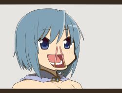  :d bare_shoulders blue_eyes blue_hair cape commentary_request female food grey_background letterboxed mahou_shoujo_madoka_magica mahou_shoujo_madoka_magica_(anime) miki_sayaka miki_sayaka_(magical_girl) open_mouth parody partial_commentary pocky portrait short_hair simple_background smile solo ume_(noraneko) up_nose what 