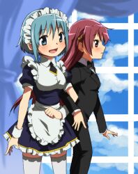  2girls alternate_costume blue_eyes blue_hair butler commentary_request enmaided fangs female_butler fumiko_(mesushi) holding_hands long_hair mahou_shoujo_madoka_magica mahou_shoujo_madoka_magica_(anime) maid miki_sayaka multiple_girls official_style photoshop_(medium) ponytail red_eyes red_hair sakura_kyoko short_hair thighhighs tuxedo wrist_cuffs 