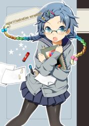  :o bad_id bad_pixiv_id black_pantyhose blue-framed_eyewear blue_eyes blue_hair book braid cardigan colored_pencil copyright_request female glasses glue hair_bobbles hair_ornament hairclip holding holding_book hugging_book hugging_object mattaku_mousuke multicolored_hair notebook open_mouth pantyhose papers pencil pleated_skirt rainbow_hair school_uniform serafuku sketchbook skirt solo tape twin_braids 