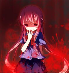  bad_id bad_pixiv_id female gasai_yuno hand_to_own_mouth long_hair lowres mirai_nikki pf photoshop_(medium) pink_hair red_eyes shaded_face smirk solo very_long_hair 