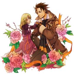  1boy alvin_(tales) asaya-bigun ascot bad_id bad_pixiv_id black_gloves blonde_hair bow brown_eyes brown_hair coat commentary_request couple cropped_jacket dress elize_lutus female flower frills gloves holding_hands kneeling long_hair pants photoshop_(medium) pink_flower pink_rose purple_dress ribbon rose smile spiked_hair straight tales_of_(series) tales_of_xillia white_background yellow_eyes 