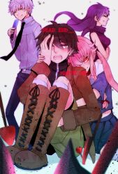  2boys 2girls akise_aru amano_yukiteru bad_id bad_pixiv_id black_hair cellphone commentary_request gasai_yuno grin hug hug_from_behind knife mirai_nikki multiple_boys multiple_girls murasaki_tokage necktie phone pink_hair purple_hair shorts shovel smile tears uryuu_minene white_hair 