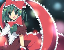  bad_id bad_pixiv_id female frills front_ponytail green_eyes green_hair hair_ribbon kagiyama_hina ribbon solo soranagi teeth touhou 