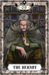  1boy anchor bad_id bad_pixiv_id beard cape english_text facial_hair glasses male_focus nira_(nira_box) one_piece scar silvers_rayleigh smile solo tarot tarot_(medium) the_hermit_(tarot) white_hair 