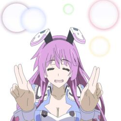  animal_ears breasts bunny_ears cleavage closed_eyes double_v dress infinite_stratos long_hair open_mouth purple_hair shinonono_tabane solo v 