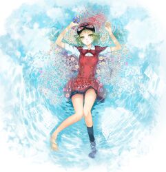  alternate_costume barefoot commentary_request female flower goggles green_hair gumi hat highres kanipanda lying parted_lips partially_submerged photoshop_(medium) reflection single_sock socks solo vocaloid water 