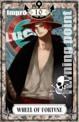  1boy anchor bad_id bad_pixiv_id beard cape english_text facial_hair hat male_focus nira_(nira_box) one_piece red_hair scar shanks_(one_piece) skull solo straw_hat sword tarot tarot_(medium) weapon wheel_of_fortune_(tarot) 