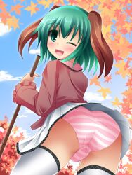  animal_ears ass autumn_leaves bamboo blush commentary_request female green_eyes green_hair highres kasodani_kyouko liya miniskirt one_eye_closed open_mouth panties photoshop_(medium) pink_panties shirt skirt smile solo striped_clothes striped_panties thighhighs touhou trefoil underwear upskirt white_thighhighs 