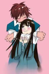  1boy black_hair blush closed_eyes couple female hug hug_from_behind kazehaya_shouta kimi_ni_todoke kuronuma_sawako looking_up school_uniform shiina_takashi straight 