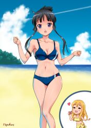  2girls akiyama_mio bad_id bad_pixiv_id beach bikini black_hair blonde_hair blush breasts camera cleavage cloud collarbone day heart k-on! kotobuki_tsumugi long_hair medium_breasts midriff multiple_girls navel number10_(hagakure) open_mouth outdoors photoshop_(medium) print_sarong purple_eyes sarong signature sky swimsuit water wet yellow_sarong 