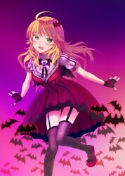  ahoge bat_(animal) bat_wings blonde_hair blush breasts commentary_request fangs female fingerless_gloves garter_straps gloves green_eyes hair_ornament hoshii_miki idolmaster idolmaster_(classic) long_hair medium_breasts my_dear_vampire_(idolmaster) open_mouth photoshop_(medium) puyocha shoes smile solo spider_web_print thighhighs too_many too_many_bats vampire wings zettai_ryouiki 