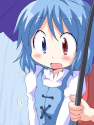  blue_eyes blue_hair blush commentary_request female geetsu heterochromia jaggy_lines karakasa_obake oekaki open_mouth purple_umbrella red_eyes shared_umbrella short_hair solo tatara_kogasa tongue touhou umbrella upper_body 