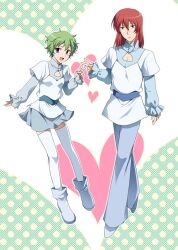  1boy adapted_costume bring_stabity commentary_request curly_hair female green_hair gundam gundam_00 hilling_care innovators_(gundam_00) mitsuru_(mitsu5) pleated_skirt purple_eyes red_eyes red_hair short_hair skirt thighhighs v white_legwear zettai_ryouiki 