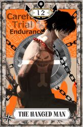  1boy anchor bad_id bad_pixiv_id black_hair chains english_text freckles jewelry male_focus necklace nira_(nira_box) one_piece portgas_d._ace smile solo tarot tarot_(medium) the_hanged_man_(tarot) topless_male 