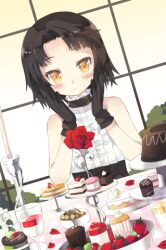  artist_request black_hair blush cake checkerboard_cookie choker choker_over_clothes cookie corset cup cupcake dutch_angle female flat_chest flower food frills fruit gloves lowres petals rose short_hair sita_vilosa solo strawberry sword_girls table tiered_tray yellow_eyes 