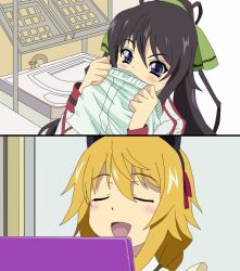  2girls animal_ears black_hair blonde_hair blush boxers cat_ears charlotte_dunois commentary_request fake_animal_ears female_pervert hanazawa_kana infinite_stratos male_underwear multiple_girls ore_no_imouto_ga_konna_ni_kawaii_wake_ga_nai parody pervert shinonono_houki smelling takahiro_(rikky) underwear voice_actor_connection 