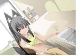  animal_ears anubis chair dark_skin desk fanart highres midriff monster_girl paper red_eyes sitting smile 