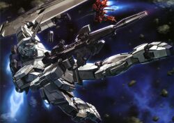  artist_request asteroid battle beam_rifle debris energy_gun glowing glowing_eye gun gundam gundam_unicorn highres mecha no_humans realistic robot science_fiction shield sinanju space unicorn_gundam weapon 