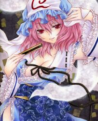  aoi_yuuka_(ao_no_kokoro) arm_up armpits blue_dress breasts cleavage commentary_request detached_sleeves dress female floral_print hand_fan hat marker_(medium) medium_breasts pink_hair red_eyes saigyouji_yuyuko short_hair smile solo touhou traditional_media veil 