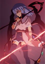  :q black_thighhighs commentary_request female light_purple_hair pointy_ears red_eyes remilia_scarlet shin&#039;ya_(nanp) solo spear_the_gungnir thighhighs tongue tongue_out touhou zettai_ryouiki 