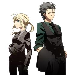  1boy ahoge artoria_pendragon_(fate) bad_id bad_pixiv_id black_gloves black_hair blonde_hair diarmuid_ua_duibhne_(lancer)_(fate) fate/stay_night fate/zero fate_(series) female formal gloves green_eyes keechin_(tsukuri) necktie pant_suit pants photoshop_(medium) ponytail reverse_trap saber_(fate) simple_background suit vest waistcoat white_background yellow_eyes 