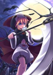  bat_(animal) blonde_hair bloomers blue_eyes candy cape commentary_request female food full_moon graveyard halloween hood lollipop long_sleeves midriff moon navel open_mouth original photoshop_(medium) puffy_pants scythe solo swirl_lollipop tombstone tree ukan_muri underwear weapon wide_sleeves 